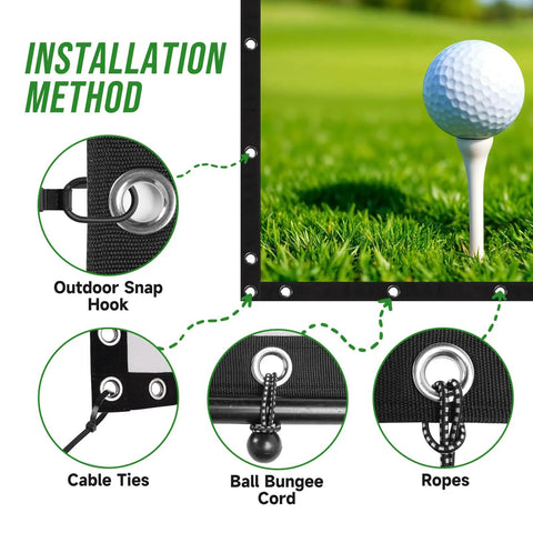 Installation method for Ultra Durable Golf Simulator Impact Screen with reinforced grommets, bungee cords, and ropes.