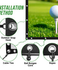 Installation method for Golf Simulator Impact Screen With 3D Air Mesh For Home Indoor Practice, showing snap hooks and grommets.