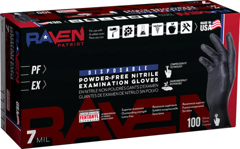 Top Shelf Black Nitrile Disposable Gloves Powder Free Latex Free With Textured Grip And Compression Fit Xl 7 Mil Heft Built Badass For Auto Detailing Paint Jobs Garage Grind And Food Service Shifts Sealed In A Box Of One Hundred packaging with gloves inside.