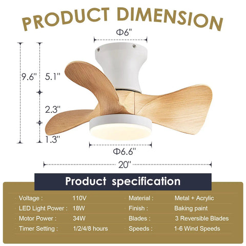 Compact 20 Inch Ceiling Fan With Light And Remote Whisper Quiet DC Motor Farmhouse Vibe Flush Mount Three Reversible Blades Ideal For Kitchen Dining Room Bedroom Office product dimensions and specifications.