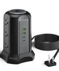 Nine Outlet Tower Surge Protector With Four USB Ports And A 10 Ft Cord, Grounded Plug In Desktop Charging Station, 1080 Joules, Three Prong Power Strip For Home And Office, Black showing front view with visible outlets and USB ports.
