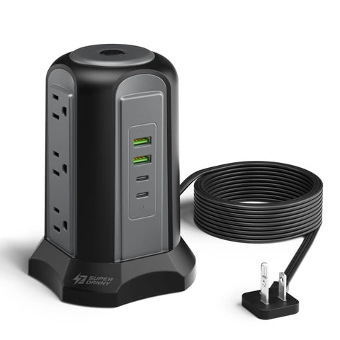 Nine Outlet Tower Surge Protector With Four USB Ports And A 10 Ft Cord, Grounded Plug In Desktop Charging Station, 1080 Joules, Three Prong Power Strip For Home And Office, Black showing front view with visible outlets and USB ports.