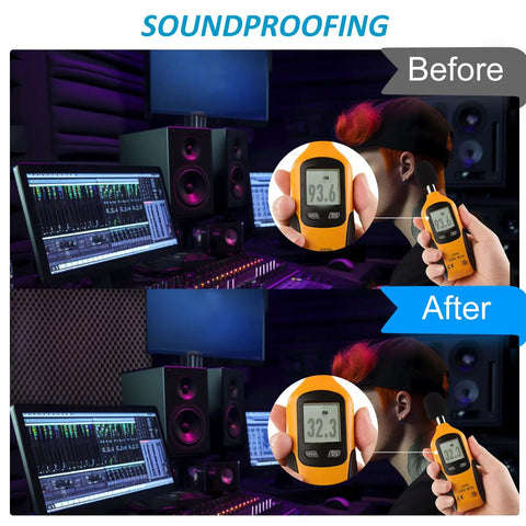 Before and after sound measurement in a studio for Four Pack 48X24X2 Inch Egg Crate Acoustic Foam Panels For Walls Boost Your Vibe Super Game Changer Soundproof Studio Treatment Hella Effective Noise Dampening Absorber Kit.