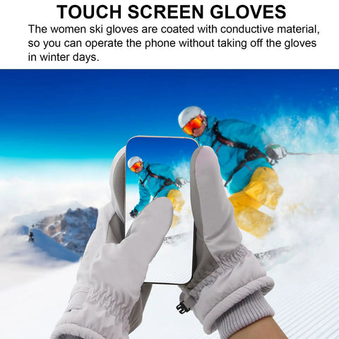 Winter Women Ski Mittens Waterproof Windproof Warm Touch Screen Snow Mitts while using smartphone on snowy slope