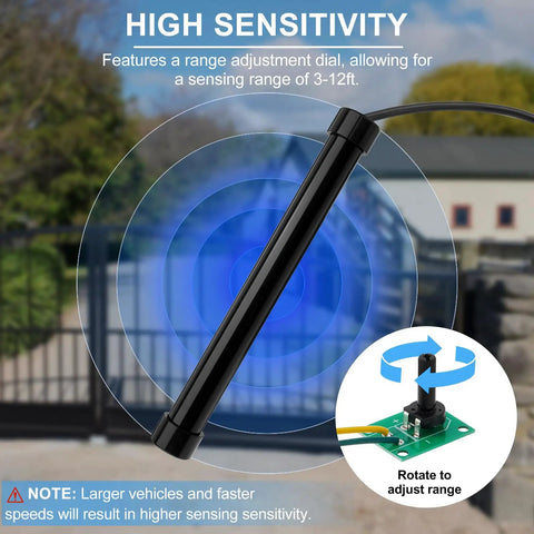 No Sweat Vehicle Sensor For Automatic Gate Opener With Extended Range Driveway Exit Wand showing sensitivity dial adjusting range.