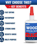 Bulletproof Wood Glue For Furniture Repair Fast Acting Adhesive For Cracks And Splits 30g bottle with key benefits highlighted.