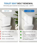 Before and after comparison of toilet stability using 4 Pack Toilet Seat Bolts Kit With Nuts And Washers For Top Mount Hinges Fits Three Eighths Inch Mounting Holes Ten To Twelve Millimeter Durable Stainless Steel Gaskets Replacement Hardware Easy Install