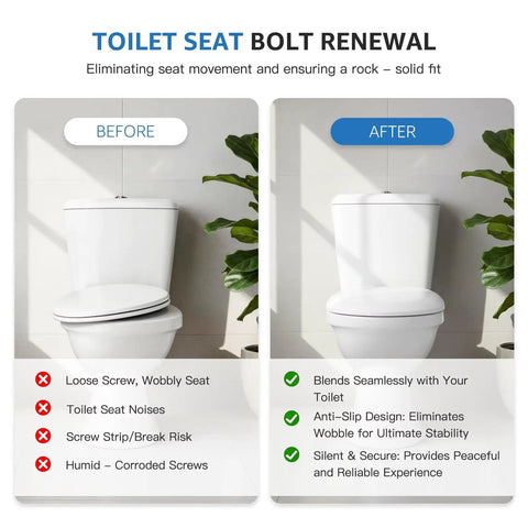 Before and after comparison of toilet stability using 4 Pack Toilet Seat Bolts Kit With Nuts And Washers For Top Mount Hinges Fits Three Eighths Inch Mounting Holes Ten To Twelve Millimeter Durable Stainless Steel Gaskets Replacement Hardware Easy Install