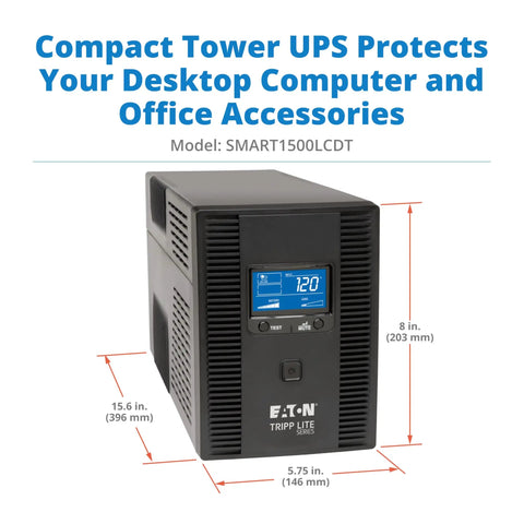 Smart1500LCDT 1500VA UPS Battery Backup With 900W Output showing front LCD and dimensions