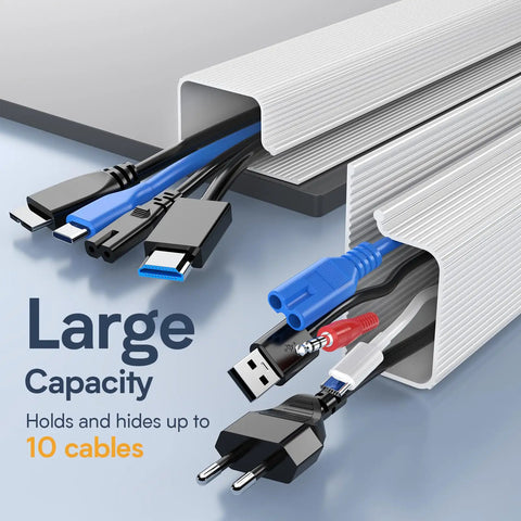 4 Pack Under Desk Cable Management Kit J Channel Cord Organizer For Office And Home Keeps Cables Neat And Clutter Free Each 15.7 Inches Long Hides Cables Under Any Desk Surface For A Clean Professional Look showing two J-channels holding various cables.