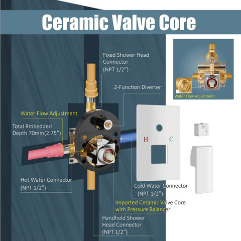 Polished Chrome 12 Inch Ceiling Mount Shower System With Rain Shower Head And Handheld Spray Luxury Shower Combo With Pressure Balance Valve Shower Trim Included For Bathroom Upgrade, ceramic valve core detail