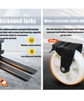 Heavy Duty Electric Pallet Stacker With Adjustable Forks, showing thickened forks and wear-resistant nylon pulleys for durable use.