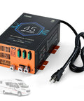Straight Up Solid 45 Amp RV Converter 120V AC To 12V DC Smart Battery Charger showing ports and power cable.