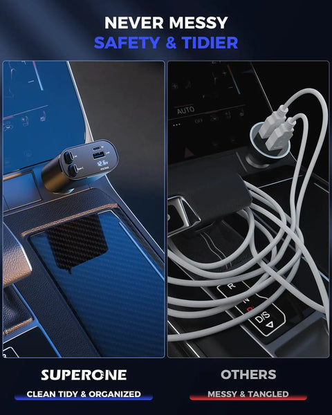 Comparing tidy retractable 4 in 1 USB C car charger with dual cables to tangled cables in car, highlighting neatness and efficiency.