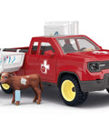 Farm Vet Playset With 29 Piece Veterinarian Figures Truck Cow Figurine And Accessories Kid Friendly 3 Plus Realistic Vet Hospital Role Play On The Farm For Fun featuring a red rescue truck, farmer, and cow.