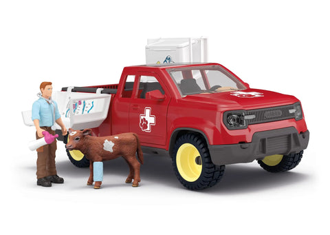 Farm Vet Playset With 29 Piece Veterinarian Figures Truck Cow Figurine And Accessories Kid Friendly 3 Plus Realistic Vet Hospital Role Play On The Farm For Fun featuring a red rescue truck, farmer, and cow.