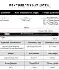 Beefy 12mm Thru Axle For Front And Rear Bike Hubs Fits 123mm 142mm 162mm 168mm 171mm 175mm 177mm 181mm Lengths With M12x1.5 Thread Pitch Perfect For MTB Gravel Road E Bike And BMX Upgrades, showing specifications and size details