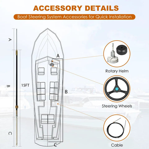 15 Foot Boat Steering Cable Kit With 12.5 Inch Wheel Rotary Helm For Outboard Marine Steering System, High Performance Boat Steering Kit With Durable Rotary Helm