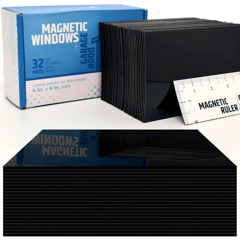 Magnetic Garage Door Window Panels Kit for Two Car Garages, 32 Pcs 4 by 6 Inch Faux Window Panes, box and panels with ruler