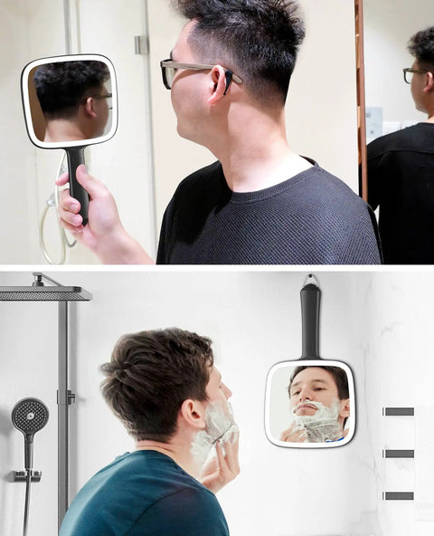 Man using Lighted Handheld Mirror With Three Color Temperature And Dimmable Lights For On The Go Makeup Hair Styling And Shaving