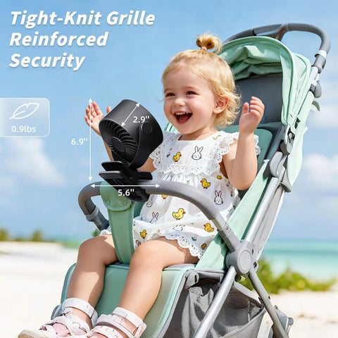 Portable Clip On Fan With Rechargeable USB Power Turbo Airflow 100 Stepless Speeds on stroller with child outdoors