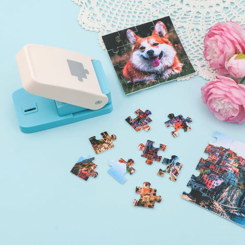 1 Inch Puzzle Hole Puncher For DIY Jigsaw Crafts Portable Cardboard Cutter with puzzle pieces and photo, tool on blue surface