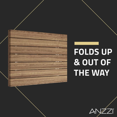 Space Saving Foldable Teak Shower Bench With Wall Mount Built To Last Heavy Duty Teak Wood Seat folded against wall