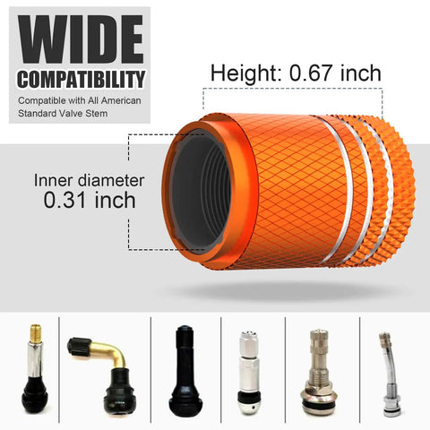 Orange Alloy Valve Stem Caps 5 Pack Corrosion Resistant And Leak Proof For Car Truck Bike Motorcycle Universal Fit With American Flag Design Premium Quality To Protect Valves And Add Street Ready Look, dimensions shown.