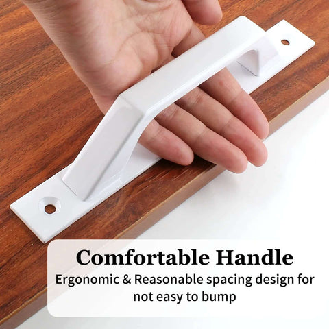 Two Pack Sliding Barn Door Handles 7.9 Inch Aluminum Alloy Pull Handles For Sliding Barn Doors Gates Cabinets Closets Drawers Garage Shed White Finish Includes Eight Mounting Screws For Easy Installation shown on a wooden surface.