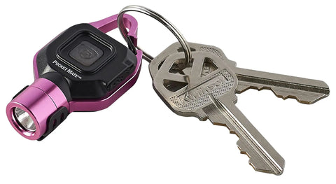Pocket Mate 325 Lumen USB Rechargeable Flashlight With Clip On Keychain, Ultra Compact Pink Light with keys on keyring
