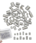 60 Piece Set Of Allen Head Grub Screws M3 To M8 In Stainless Steel Pro Grade For Home Repair Door Lock Install Furniture Fix Electronics DIY Projects And More 12 Sizes, displayed with storage case and various sizes visible.