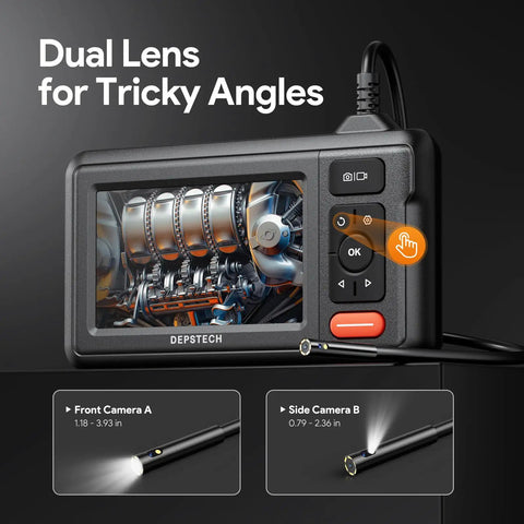 Dual Lens Endoscope Borescope Camera With Light, HD 4.3 Inch IPS Screen, IP67 Waterproof, 16.5ft Semi-Rigid Snake Cable For Cars, Walls, Drains And Pipes, Flip Between Front And Side Views With Ease, front and side camera views