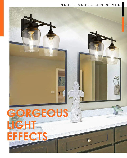 Oil Rubbed Bronze Two Light Bathroom Vanity Fixture Over Mirror With Clear Glass Shades, Farmhouse Style Wall Sconce Lighting