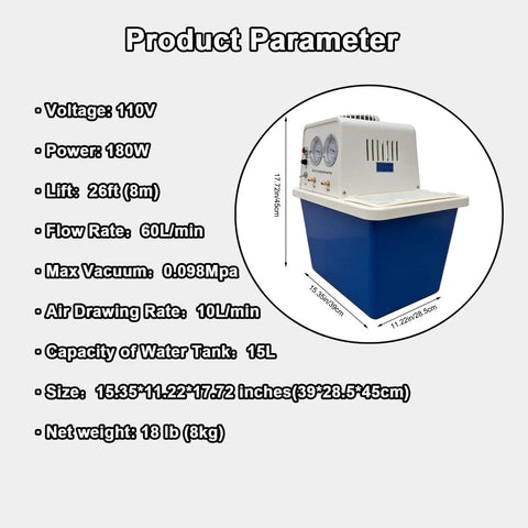 Water Circulating Vacuum Pump With 15 L Tank, 60 L Per Min Flow, 0.098 MPa Vacuum, 110V Lab Chemistry Equipment Display