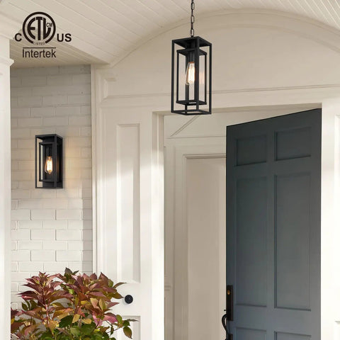 Dope 14 Inch Outdoor Pendant Light For Front Porch Featuring Adjustable Six Foot Chain And Sleek Vintage Metal Shade For Patio Entryway Hanging Lamp displayed above entryway with wall lantern.