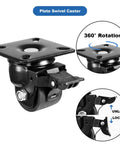 2-Inch Plate Swivel Caster Wheels Set Of 4 Heavy Duty Load Capacity 2200 Lbs With Brake Center Of Gravity Nylon Wheels, close-up view