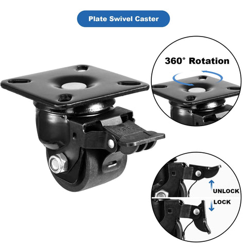 2-Inch Plate Swivel Caster Wheels Set Of 4 Heavy Duty Load Capacity 2200 Lbs With Brake Center Of Gravity Nylon Wheels, close-up view