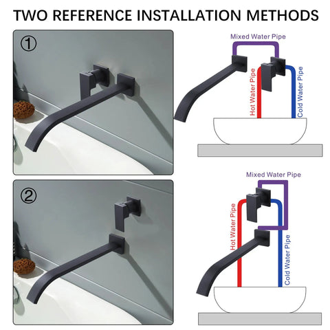 Diagram showing two installation methods for Matte Black Wall Mount Tub Filler Faucet With Extra Long Spout, Single Handle Bathtub Set.