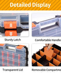 Detailed close-up of 34 Compartment Small Parts Organizer With Double Sided Storage, adjustable dividers, durable plastic hardware box.