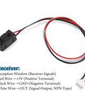 Receiver of Ultra Fast IR Break Beam Sensor Kit with 5mm LEDs, showing wires labeled for terminals and outputs for relay control.