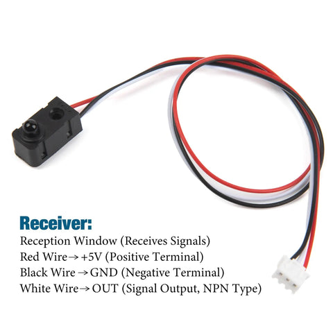Receiver of Ultra Fast IR Break Beam Sensor Kit with 5mm LEDs, showing wires labeled for terminals and outputs for relay control.
