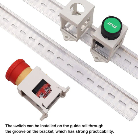 4 Pack 22mm Push Button Switch DIN Rail Mounting Bracket Set Waterproof Dustproof Polycarbonate Construction Keeps Button Secure And In Place Durable Industrial Panel Mounts Switches And Rails Not Included, close-up of white polycarbonate brackets with buttons.