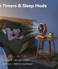 20000mAh Battery Powered Camping Fan With Four Speeds on nightstand, providing cool air and soft light for sleeping room