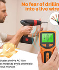 Man using a 5‑in‑1 Stud Finder Wall Scanner, Smart Chip Wall Detector with LCD Display next to a wall while drilling.