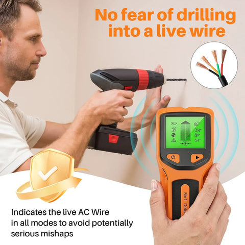 Man using a 5‑in‑1 Stud Finder Wall Scanner, Smart Chip Wall Detector with LCD Display next to a wall while drilling.