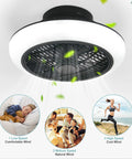 Slick 18 Inch Ceiling Fan With Lights and 2.4G Remote, modern low profile fan with dimmable LED light, enclosed black finish, speed options shown