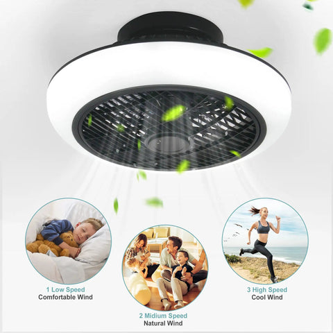 Slick 18 Inch Ceiling Fan With Lights and 2.4G Remote, modern low profile fan with dimmable LED light, enclosed black finish, speed options shown