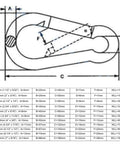 Technical diagram of 316 Stainless Steel Snap Hook Carabiner With Spring Loaded Gate showing dimensions and specifications.