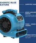 Heavy Duty Air Mover And Floor Drying Fan With Three Speed Controls And Five Angle Adjustments Built Like A Tank To Beat The Clock On Carpet Restoration Projects While Pumping Out A Massive Four Thousand CFM High Velocity Blast Straight Up Guaranteed showing carrying handle and control panel.