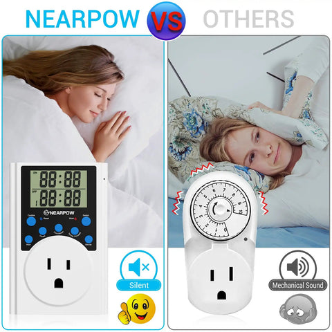 Hassle Free Programmable Digital Timer Outlet With Infinite Cycle Schedule Control 15 Amp Wall Plug showcased next to traditional timer.